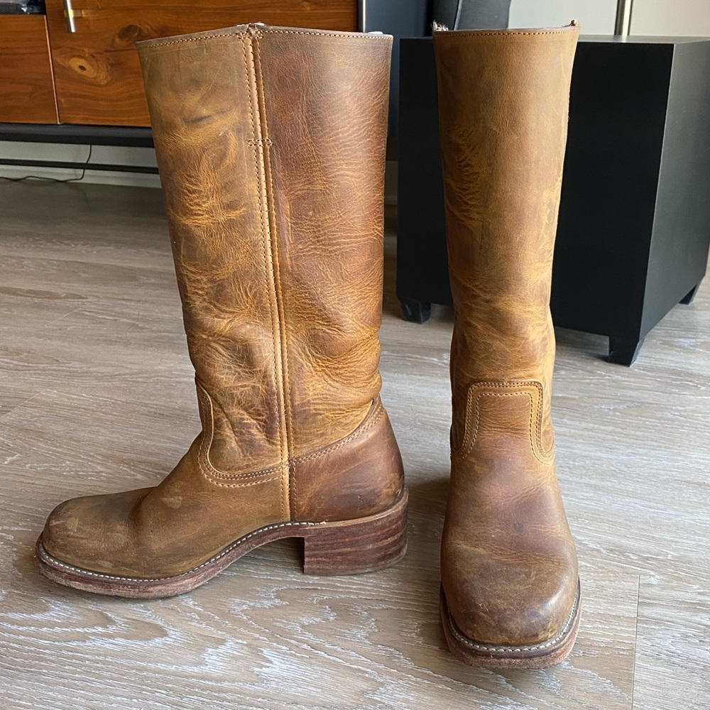 Frye Campus Tan Rustic Leather Mid-Calf Heeled Boots